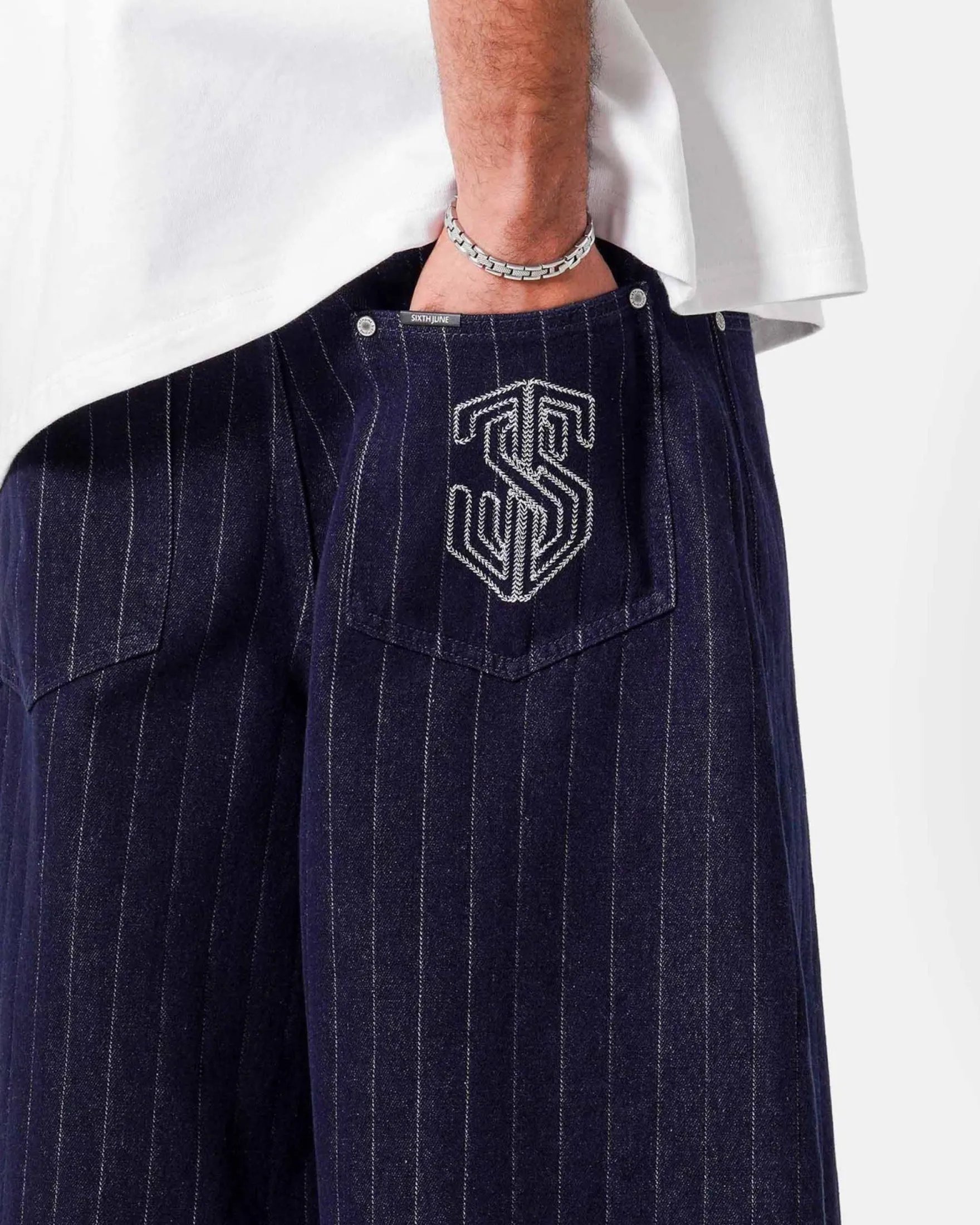 STRIPED DENIM BAGGY SHORT